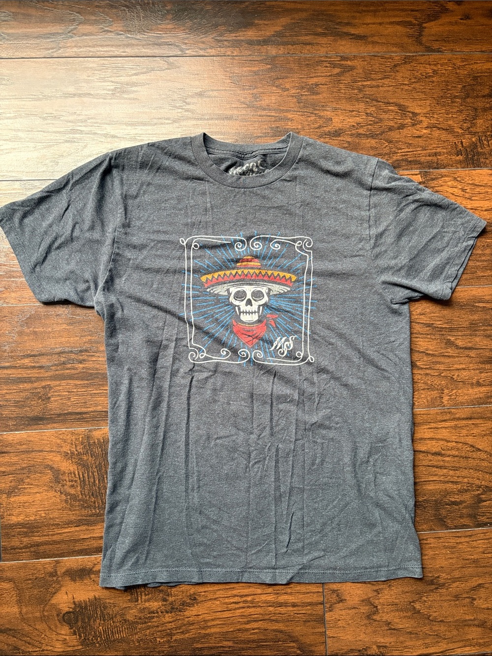 Charcoal Graphic Skull Tee with Sombrero Accent